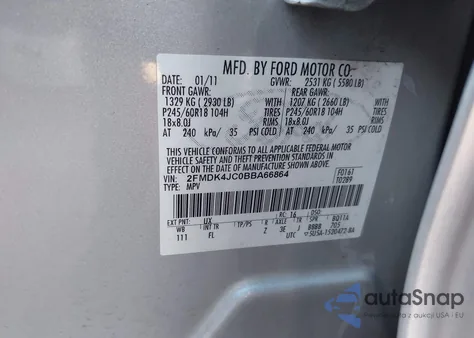 2011 Ford Edge Sel из США, поврежденный, VIN 2FMDK4JC0BBA66864